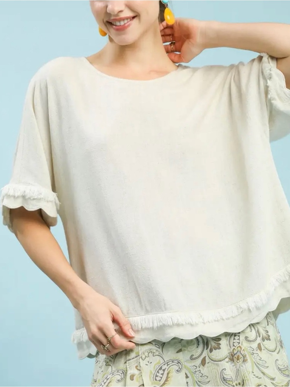 Umgee Cream Fringe-Trim Boxy Blouse